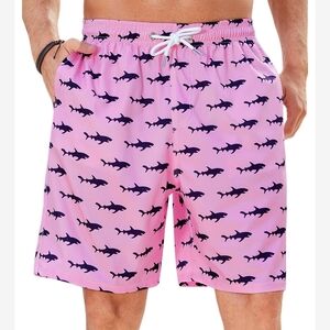 Men's Pink Shark Print Swim Shorts-Size Medium-Swim Trunks
